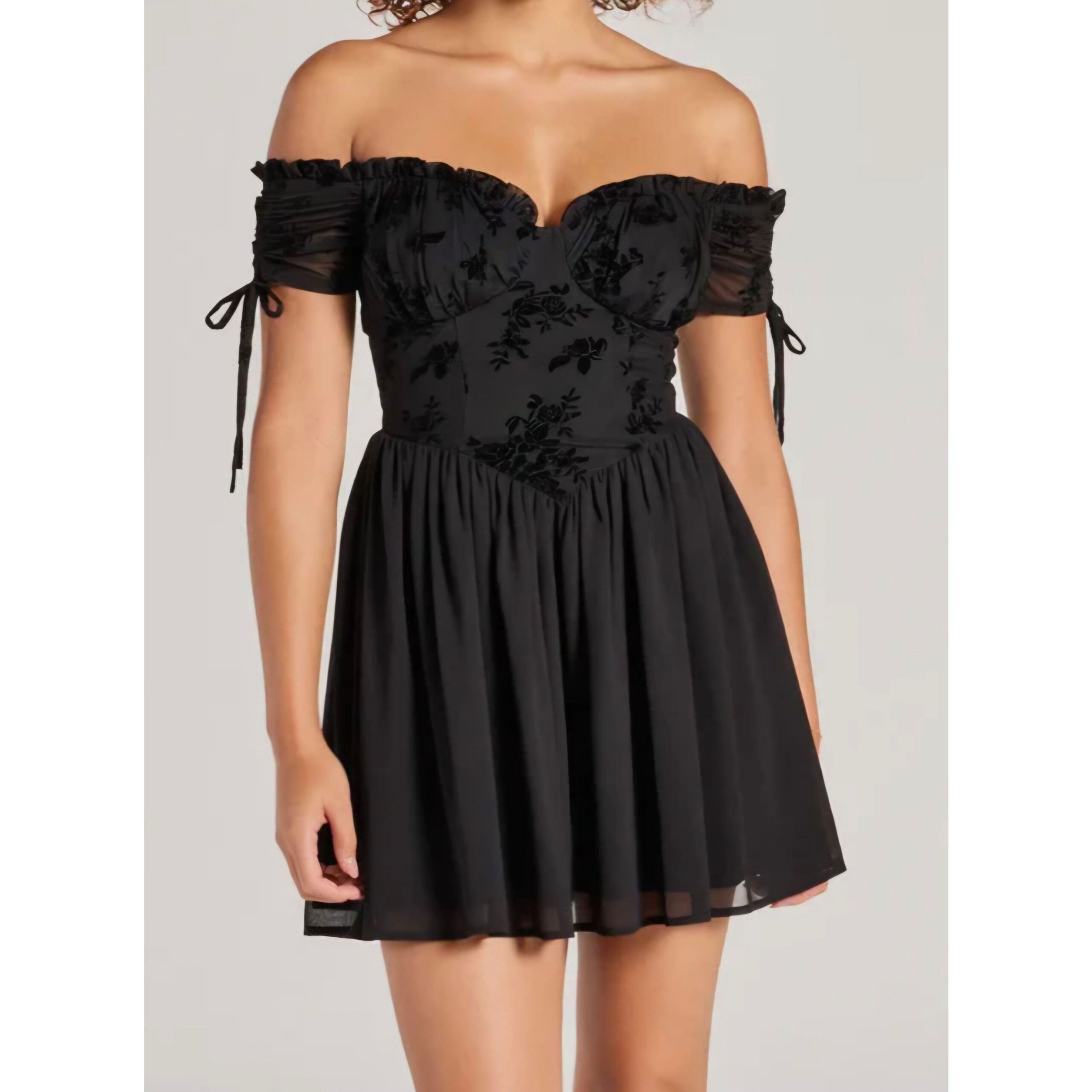 Black Velvet Floral Off The Shoulders Mini