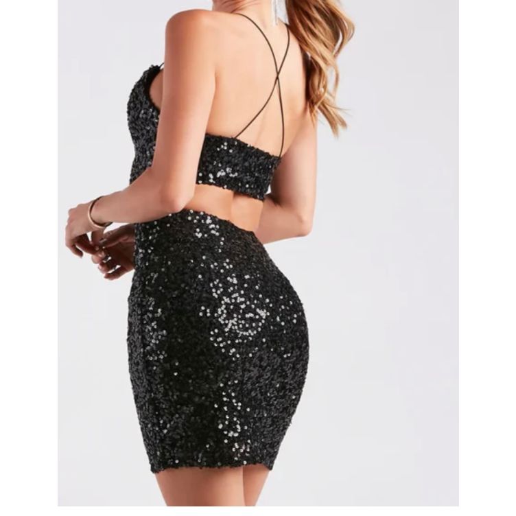 Black Sequin Open Back Sleeveless Cowl Neckline