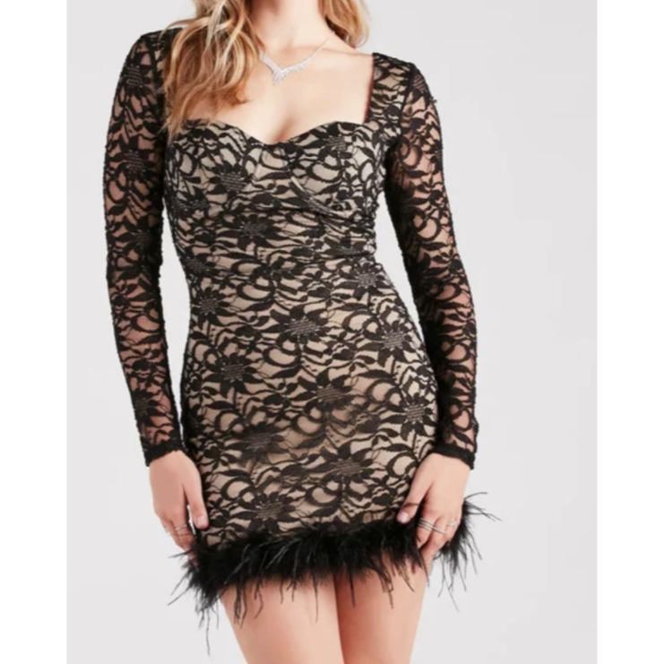 Black Lace Long Sleeve Feather Mini