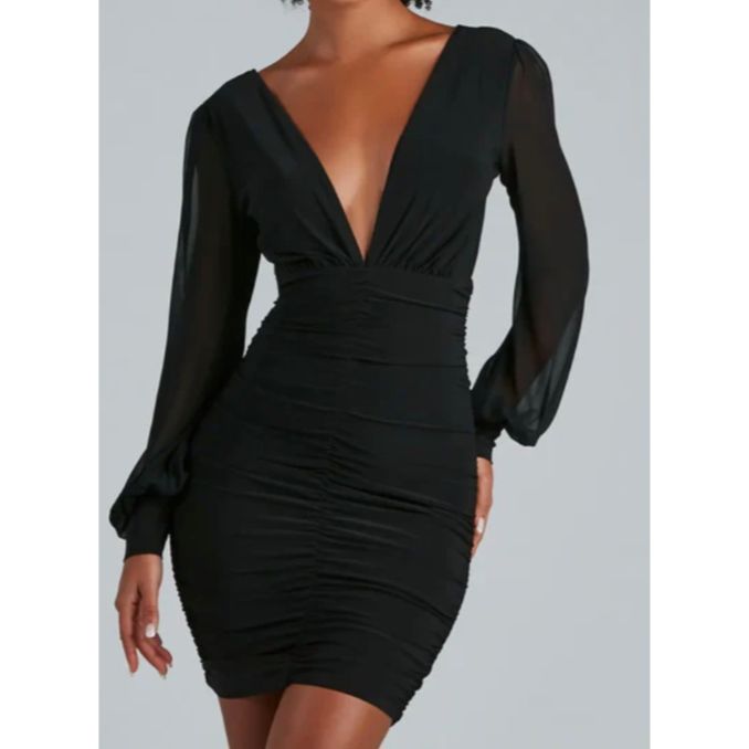 Black Long Sleeves Deep V Neck Mini