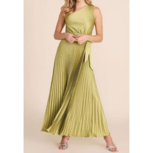Light Green Pleated One Shoulder Satin Maxi