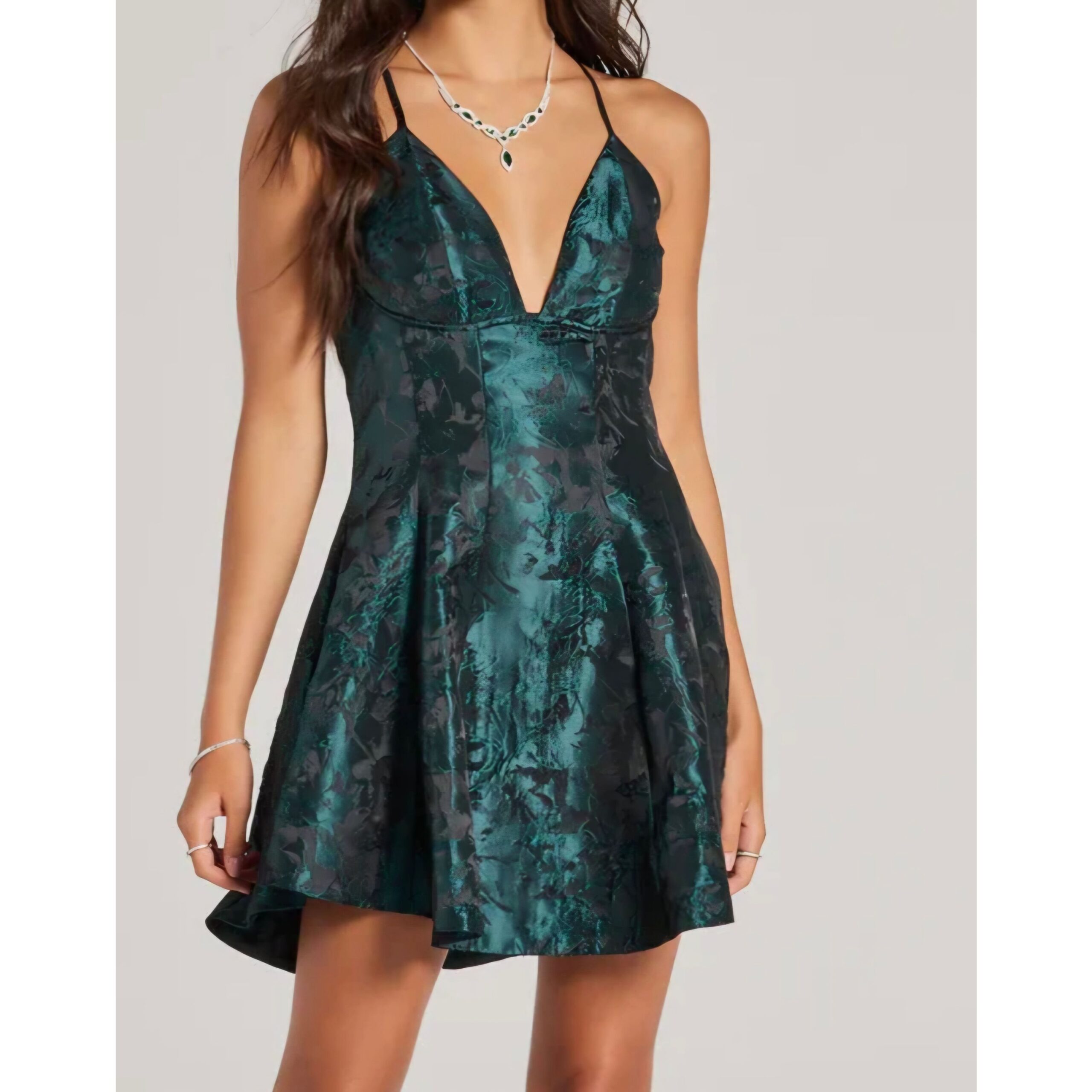 Dark Green V-Neck Embroidered Skater Dress