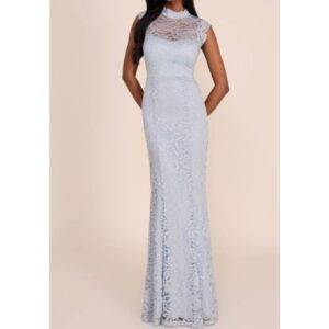 Light Blue Mock Neck Lace Sleeveless Gown