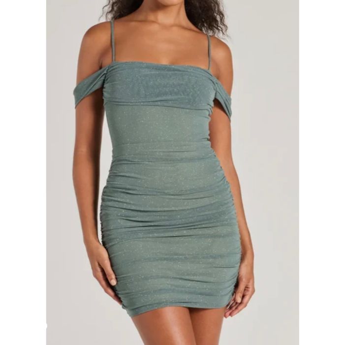 Sage Green Cold Shoulder Glitter Mesh Dress