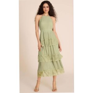 Light Green Halter Neck Pleated Tiered Midi Dress
