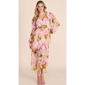Pink Floral Pleated Midi Dress