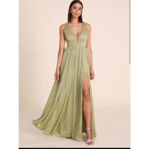 Light Green Metallic Crinkle Knit Gown
