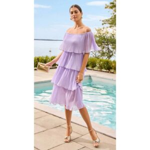 Periwinkle Off-The-Shoulder Tiered Pleated Midi Dress