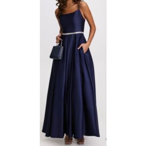 Navy Crystal Detail Satin Gown