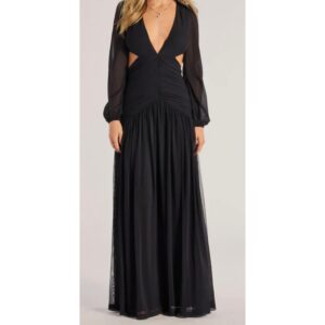 Black Long Sleeve Cutout Mesh Maxi