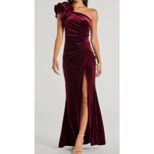 Wine Velvet Ruffled One Shoulder Maxi