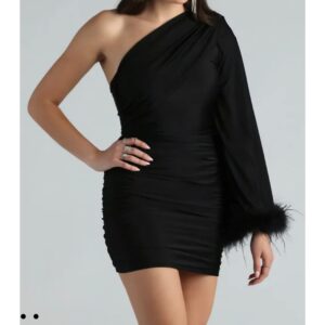 Black One Shoulder Feather Mini
