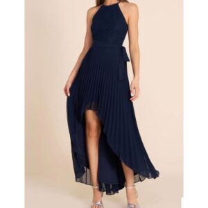 Navy Halter Neck Pleated High-Low Maxi