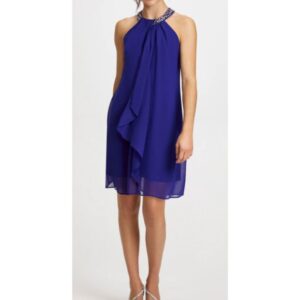 Blue Beaded Neck Chiffon Sleeveless Mini