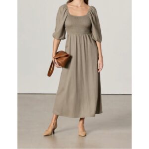 Khaki (muted green) Long Puffy Sleeves Midi