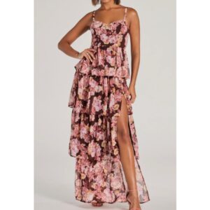Pink Brown Flowers Ruffled Straps Babydoll Maxi