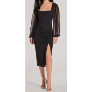 Black Tie Back Crepe Dress with Long Sheer Sleeves