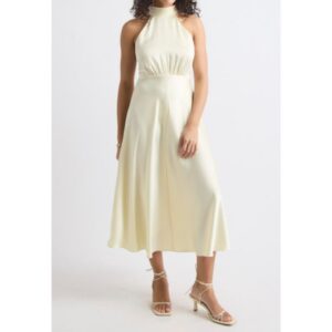 Ivory Sleeveless Halter Neck Satin Dress