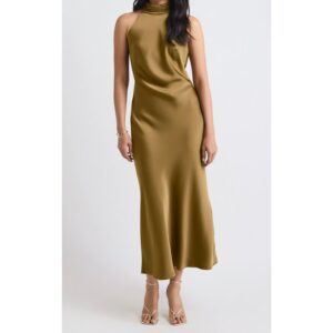 Khaki Green Satin Sleeveless Halter Neck Midi Cocktail Dress