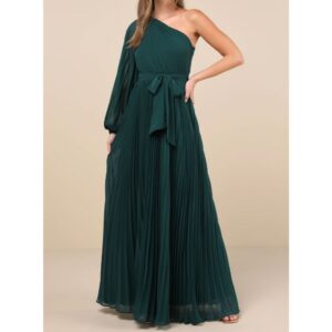 Green Pleated One Shoulder Maxi Gown