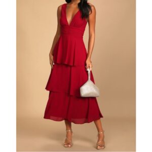 Red Sleeveless Tiered Midi Dress