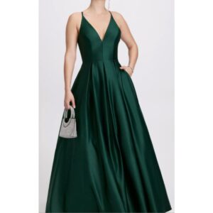 Green Plunge Neck Prom Ballgown With Pockets