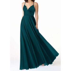 Dark Green Lace-Trimmed V-Neckline and A-Line Skirt Chiffon