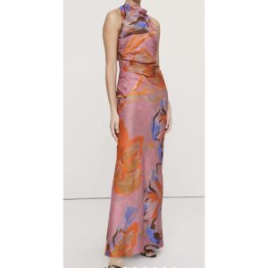 Pink Floral Grid Viscose-Linen Cow Neck Maxi