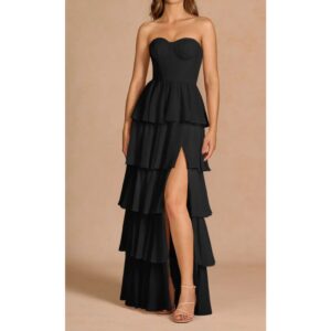 Black Cascading Chiffon Tiers Strapless