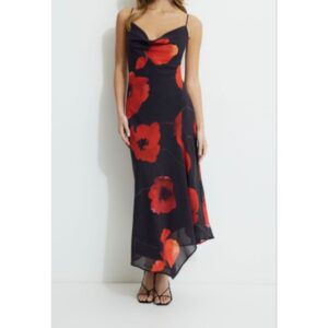 Black/Red Poppies Asymmetric Maxi Slip Dress