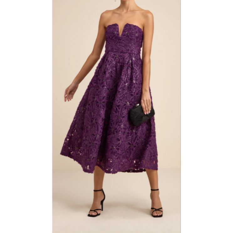 Purple Textured Sequin Strapless Midi